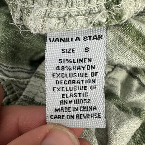 Vanilla Star Striped Linen Blend Fringe Trim Shorts Size S Green & White - Picture 4 of 5